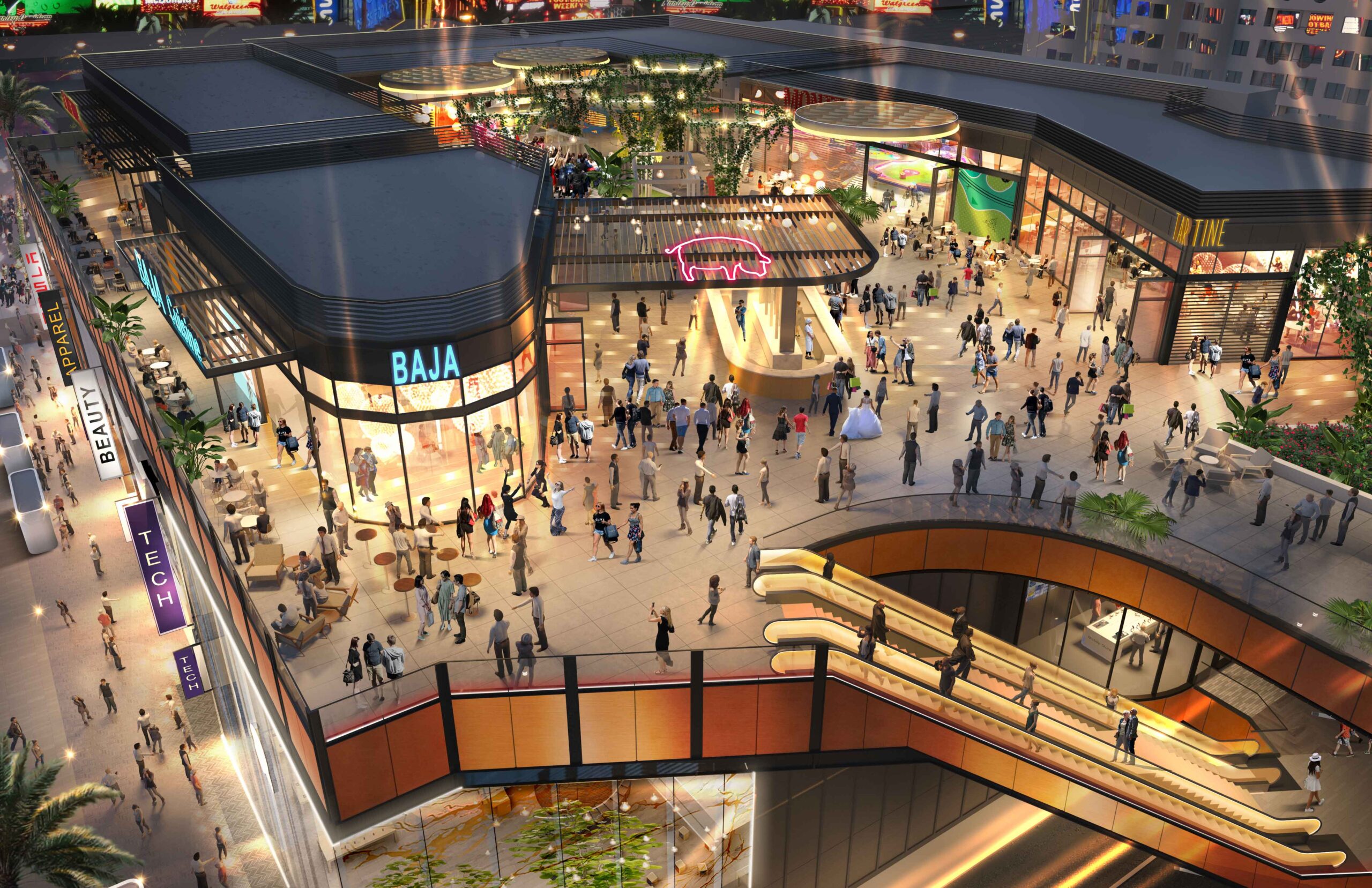 An aerial view of the rooftop terrace with ourdoor seating, restaurants, plenty of traffic, with escalators leading to the mid level terrace