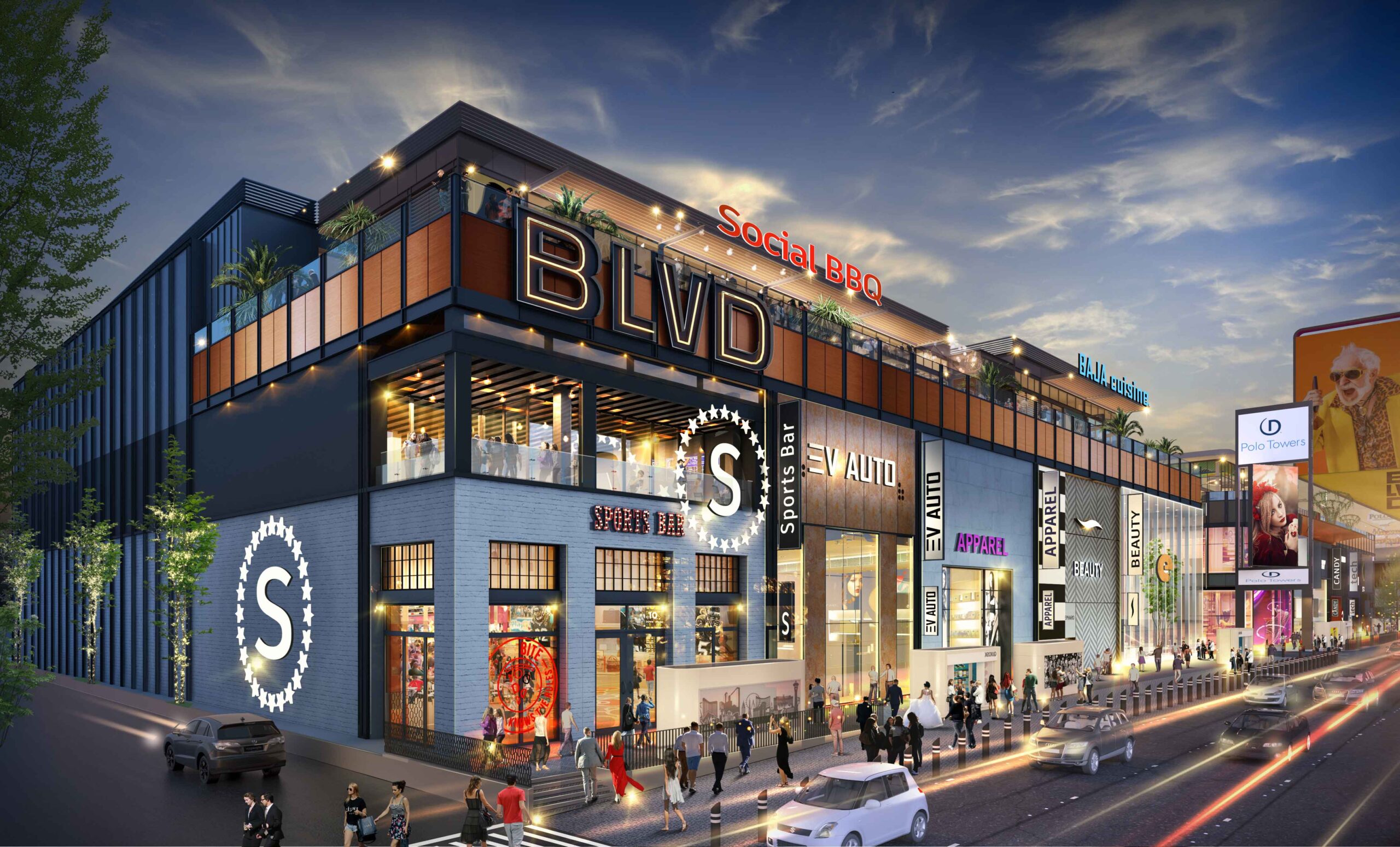 A street level image of the corner of the BLVD shopping complex displaying various stores, street vendors and people walking on the street.