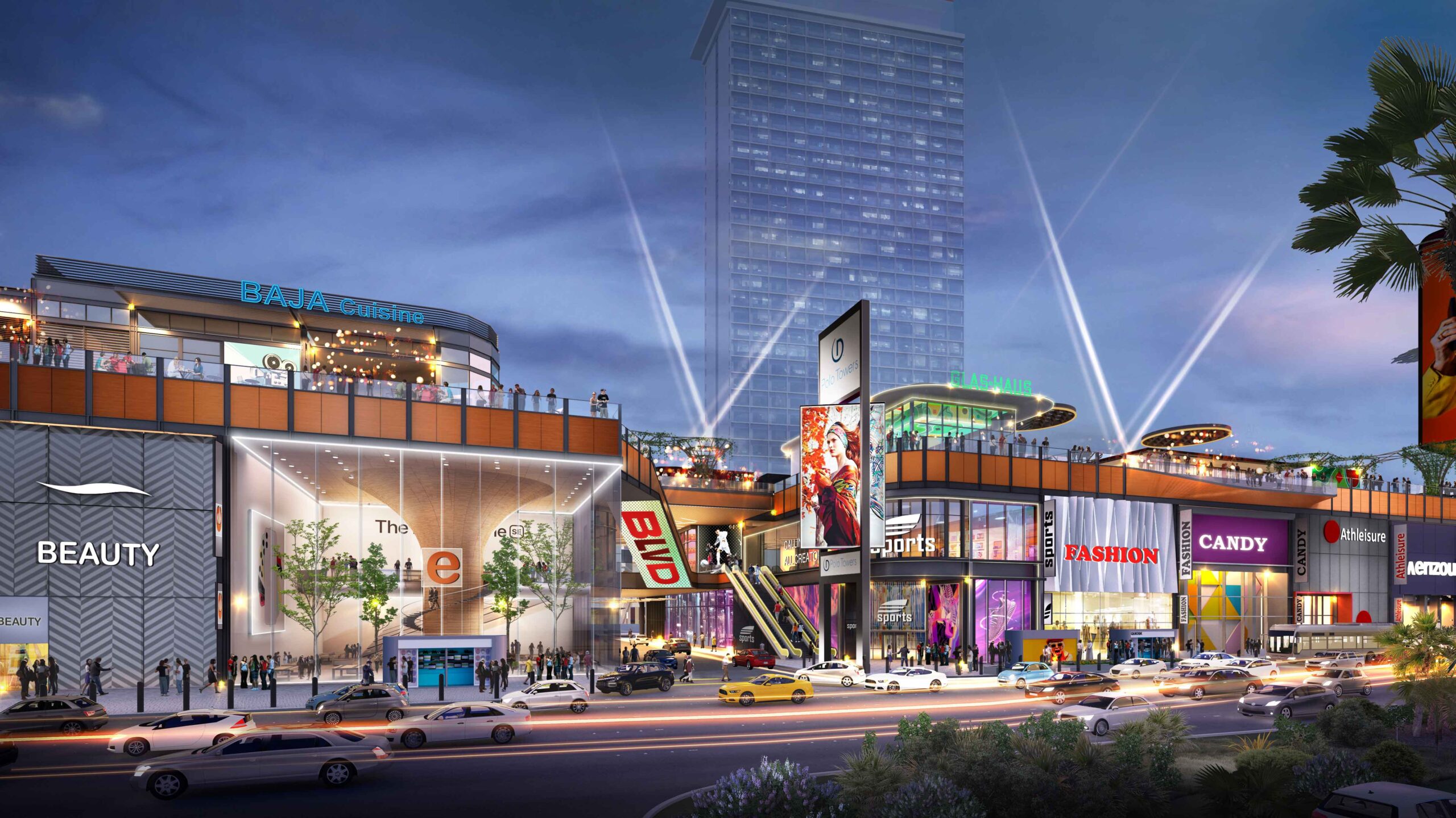 A vibrant street level view of the BLVD shopping complex with stores and advertising displays.